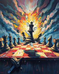This bold acrylic painting depicts a chessboard with pieces frozen mid-air in a dramatic scene of destruction. The artwork ut