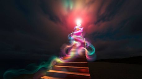A captivating long-exposure photograph depicting a vibrant stairway of smoke and light ascending into a vast, cloudy sky, sym