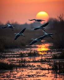 A high-resolution stock photo, captured in a dramatic cinematic style, of herons flying at golden hour in the wetlands. This 