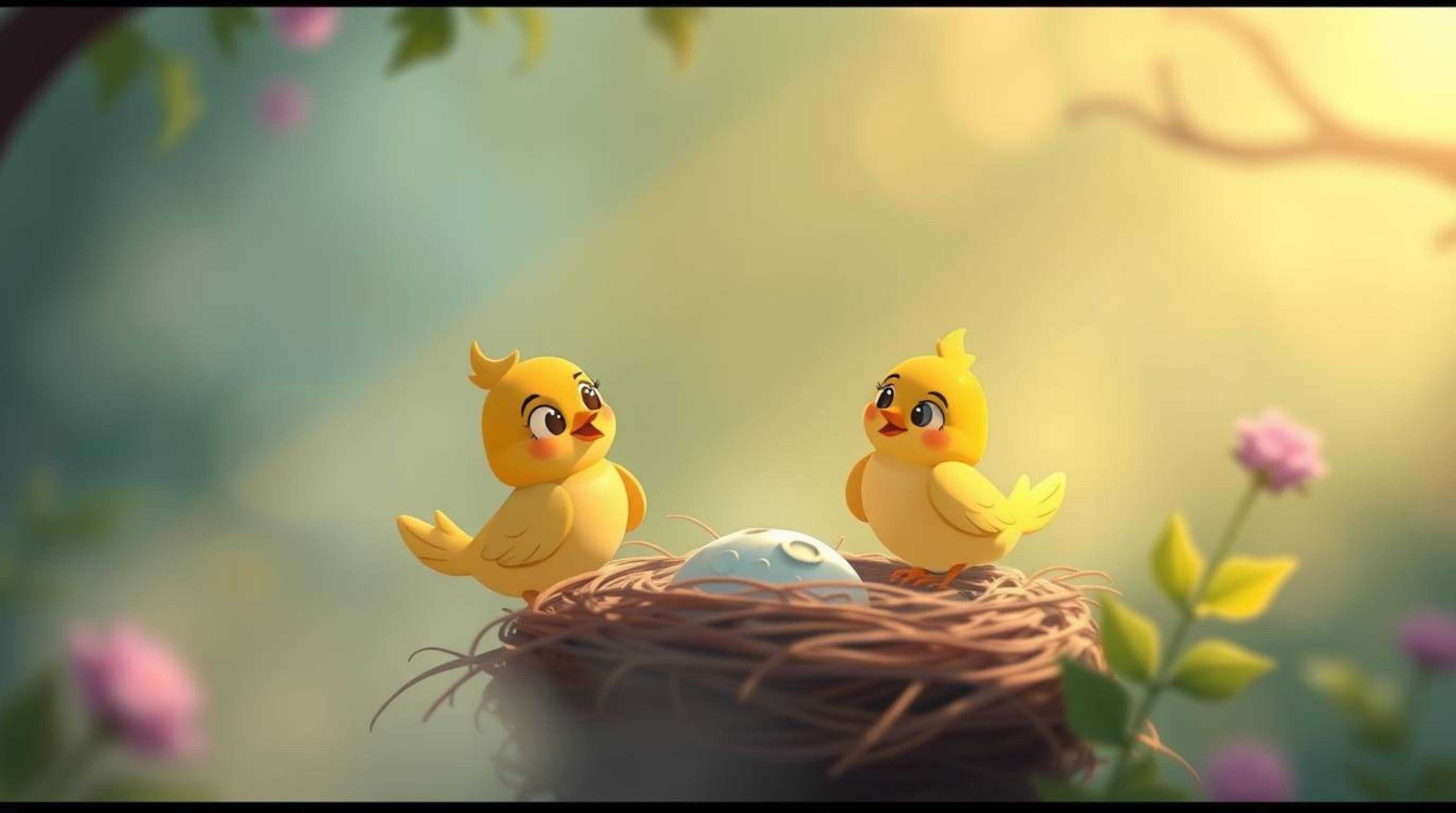 A charming scene depicting two cartoon birds diligently constructing a nest in a classic animation style. The soft, hazy ligh