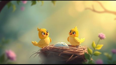 A charming scene depicting two cartoon birds diligently constructing a nest in a classic animation style. The soft, hazy ligh