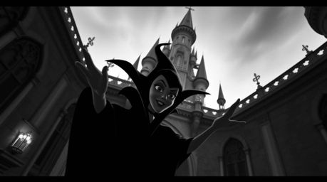 A timeless and elegant image of a classic Disney villain, rendered in a classic black and white high angle perspective.  The 
