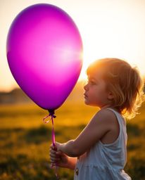 A captivating photograph showcasing a child's joy, holding a deep violet balloon bathed in the soft, warm glow of golden hour
