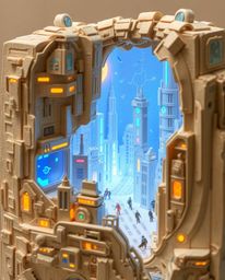 This charming papier-mâché sculpture depicts a futuristic city in a delightful glitch mode.  Flickering lights and broken hol