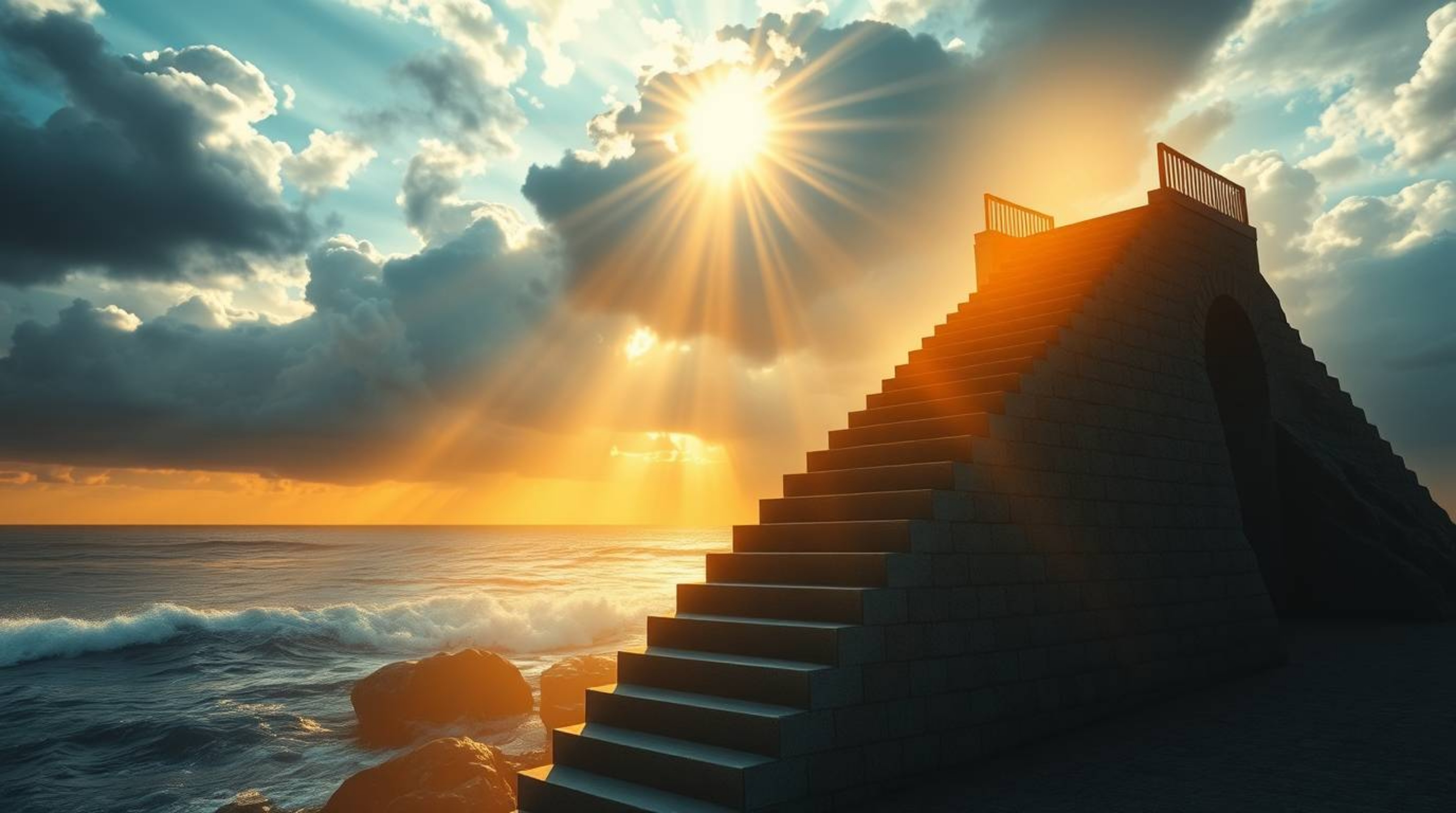 Experience an epic and symbolic scene where a dramatic staircase rises from the ocean towards a stormy sky, bathed in the sof