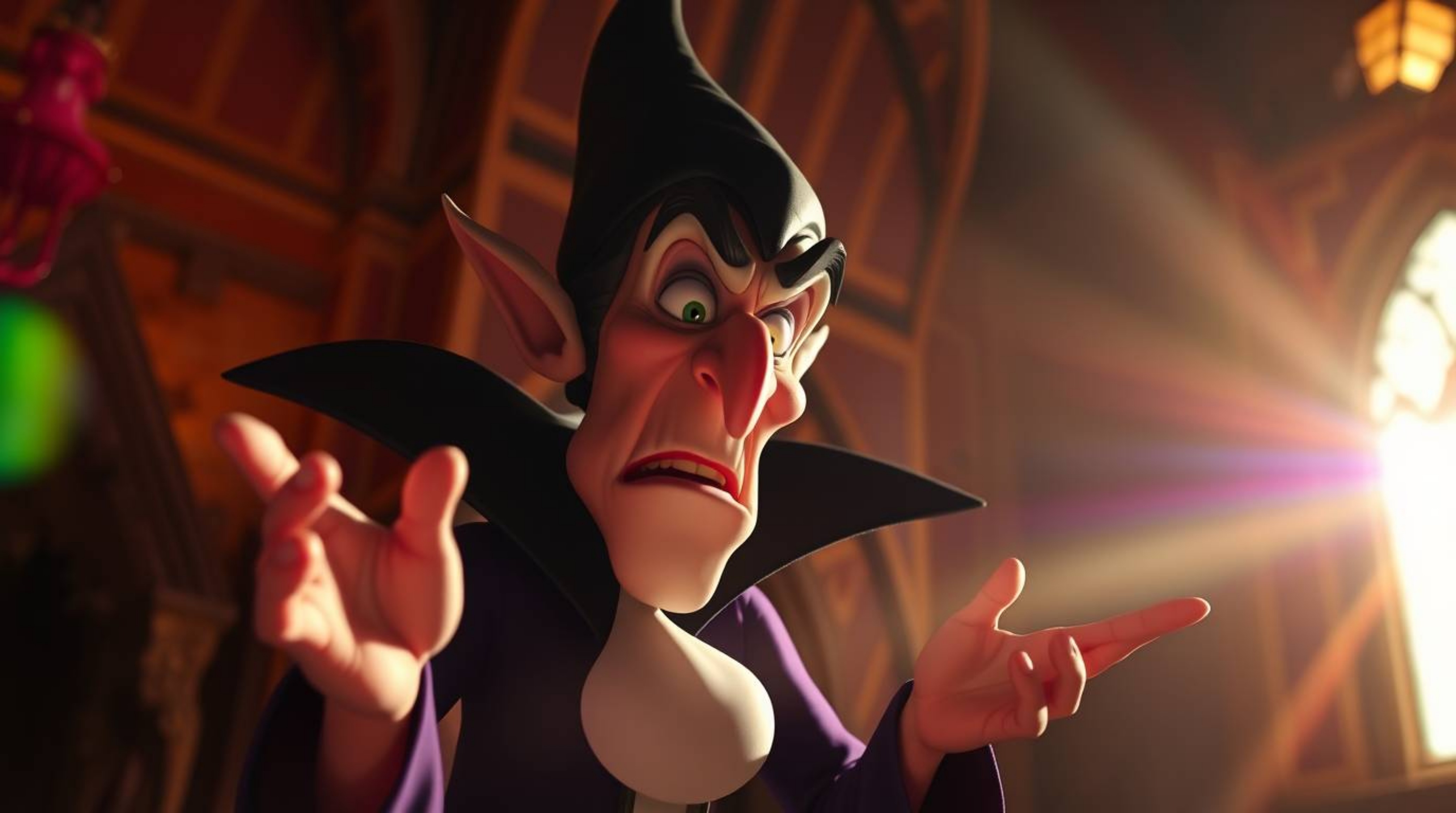A captivating image depicting a classic Disney villain with exaggerated features casting a spell within an ancient castle.  T