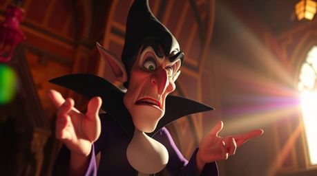 A captivating image depicting a classic Disney villain with exaggerated features casting a spell within an ancient castle. T