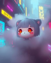 A captivating digital painting showcases an adorable and charming character navigating a dense, foggy cyberpunk cityscape, il