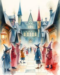 This delicate watercolor painting depicts a magical school brimming with young wizards, rendered in surreal infrared tones to