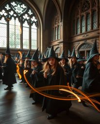 Immerse yourself in a captivating scene of a magical school brimming with young wizards, masterfully captured through long ex