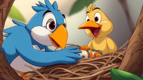 This is a detailed close-up shot featuring two cartoon birds diligently building a nest, rendered in a classic animation styl