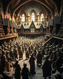 Discover a grand, epic scene of a magical school brimming with young wizards, meticulously crafted in sculptural clay art. T