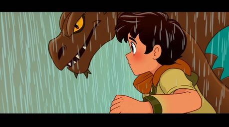 A charming prince with rosy cheeks bravely battles a dragon in a whimsical 1950s animation style scene.  The artwork features