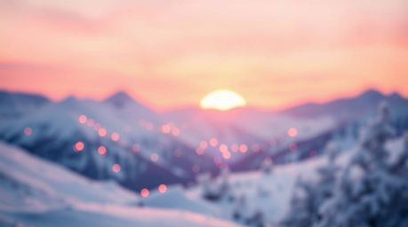 A captivating light art piece showcases snow-covered mountains bathed in the soft glow of a pastel sunset.  The image feature