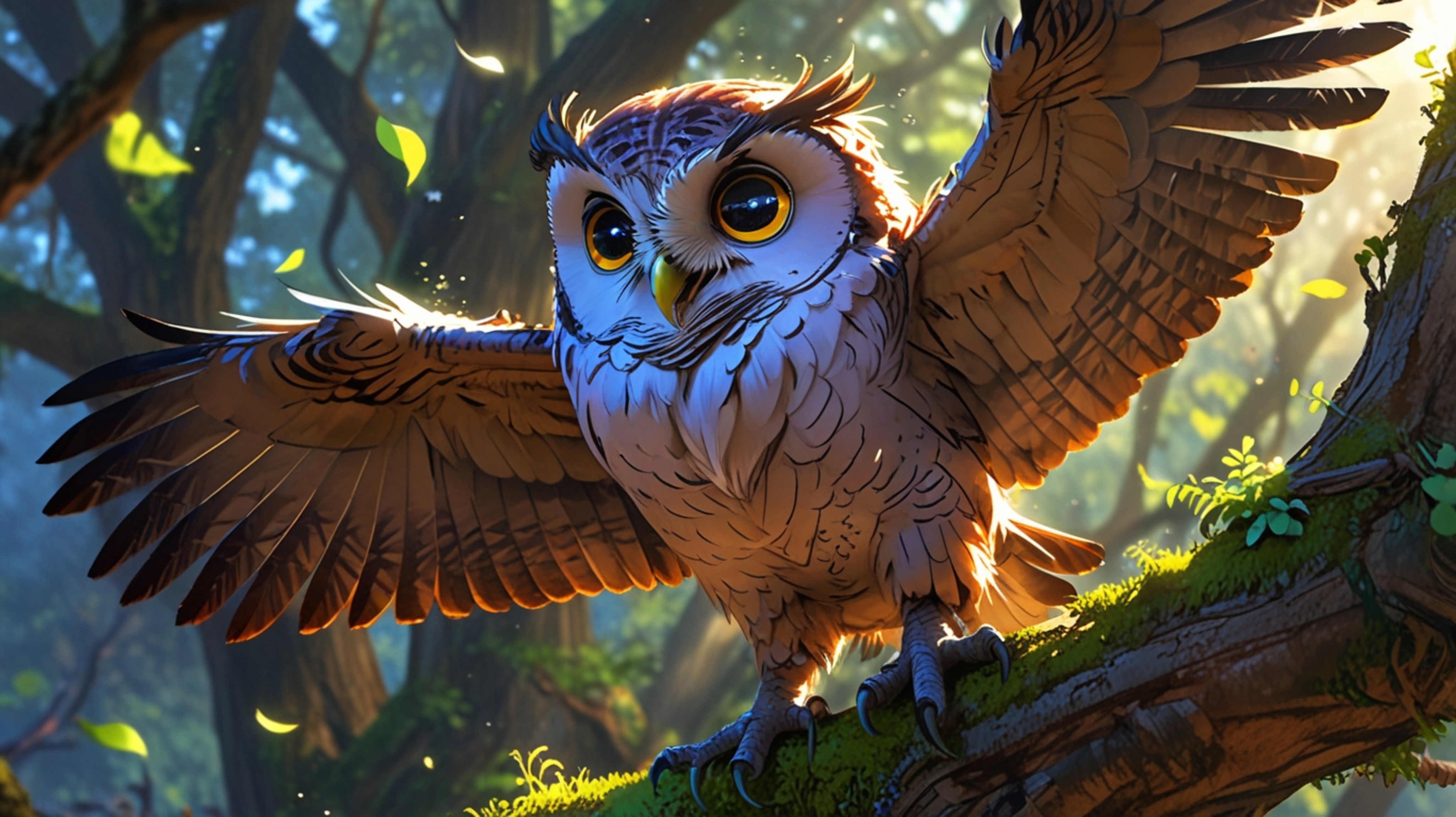 In a whimsical and enchanting scene, rendered in a beautiful fusion of Pixar and anime styles, a wise blind owl is teaching a
