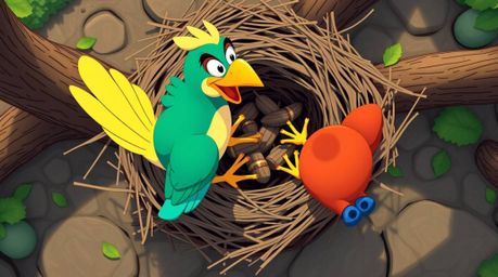A vibrant, overhead view of two cartoon birds diligently constructing a nest. Rendered in a classic animation style with bri