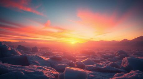 An ethereal abstract artwork depicts a breathtaking sunset over icy glaciers in a polar region.  The image features smooth gr