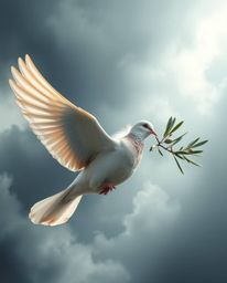 A serene image of a dove carrying an olive branch through turbulent, stormy skies, rendered in soft pastel colors with contra