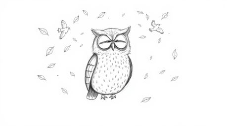 A whimsical, hand-drawn sketch in the style of Pixar portrays a blind owl with gentle, rounded features guiding a flock of bi