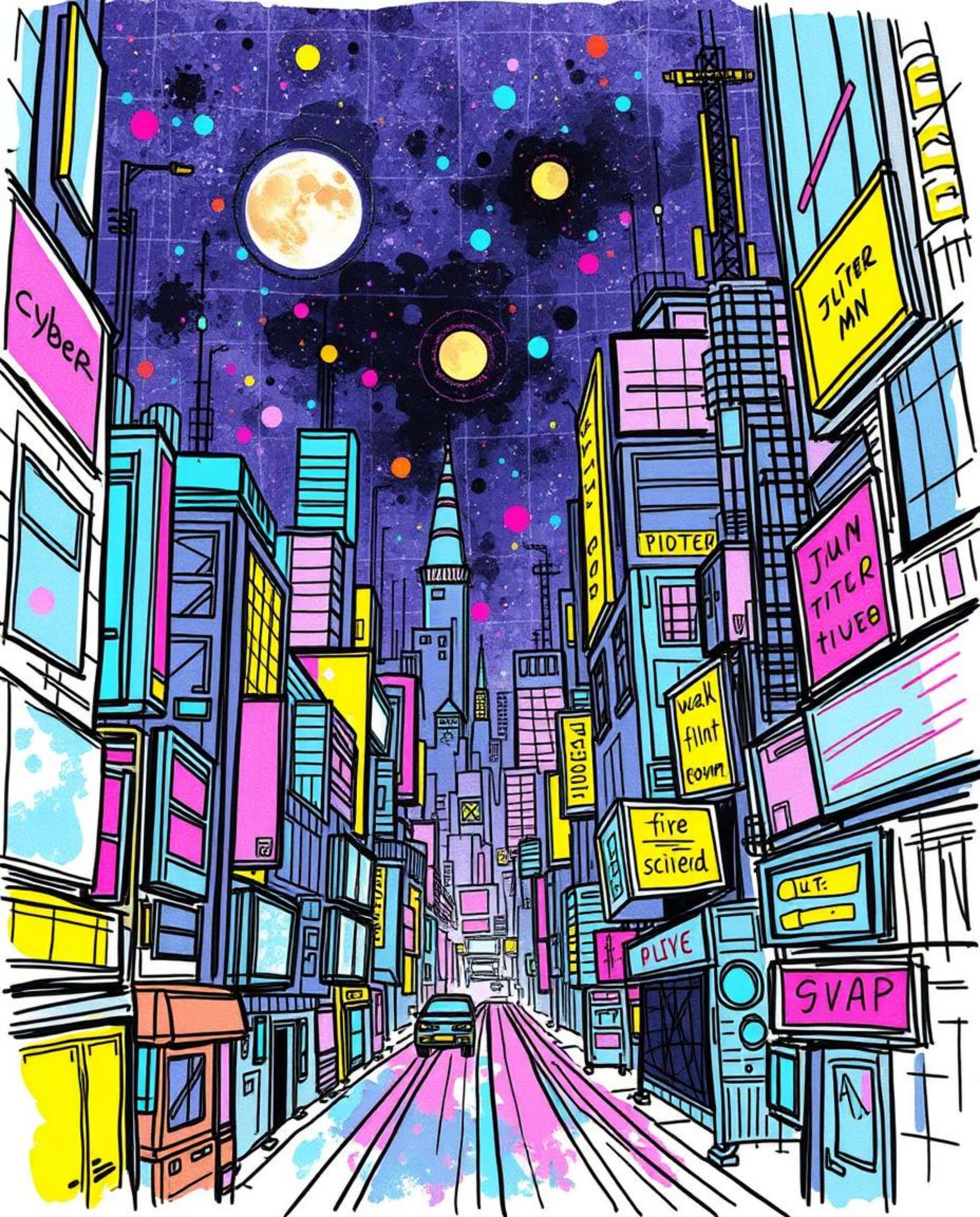 A vibrant sketchnote depicts a hand-drawn cyberpunk cityscape awash in neon colors.  The image showcases a futuristic environ