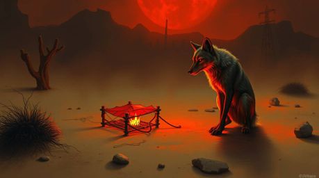 A digital painting depicting a coyote setting a ridiculous trap in a desert environment, imbued with a warm yet eerie and cre