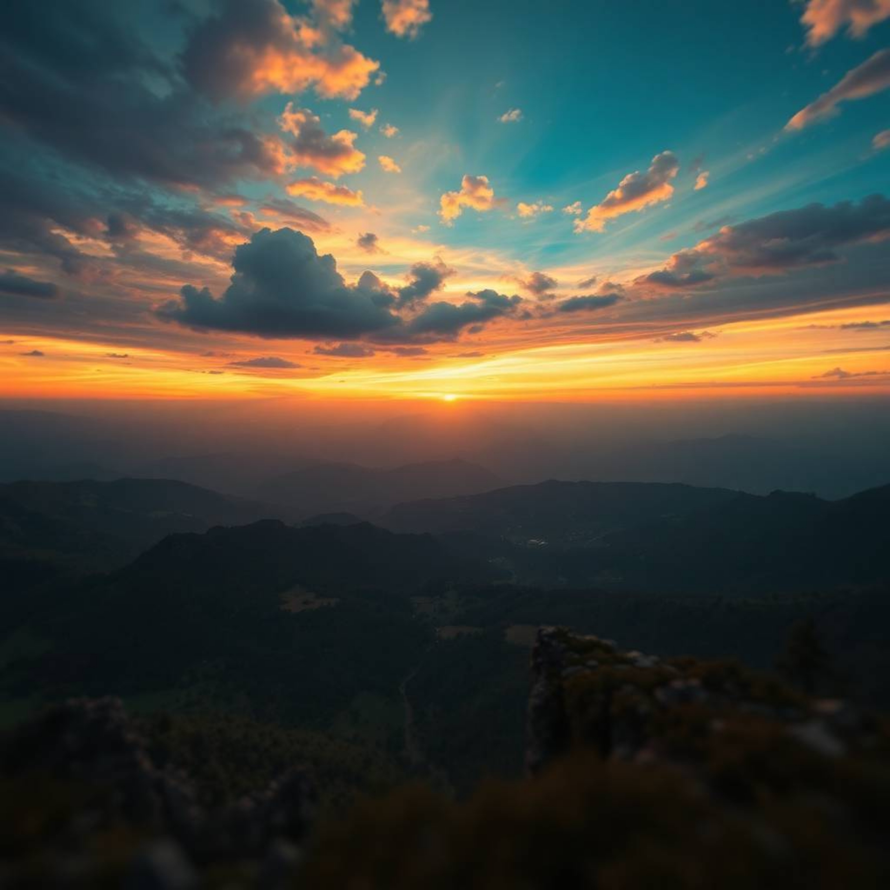 Experience an overhead, dreamlike surreal sunset over a quiet mountain valley, featuring bizarre and fantastical elements. Ca