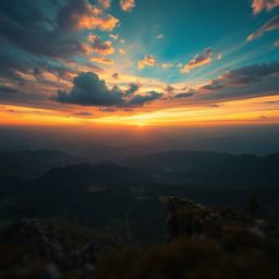 Experience an overhead, dreamlike surreal sunset over a quiet mountain valley, featuring bizarre and fantastical elements. Ca