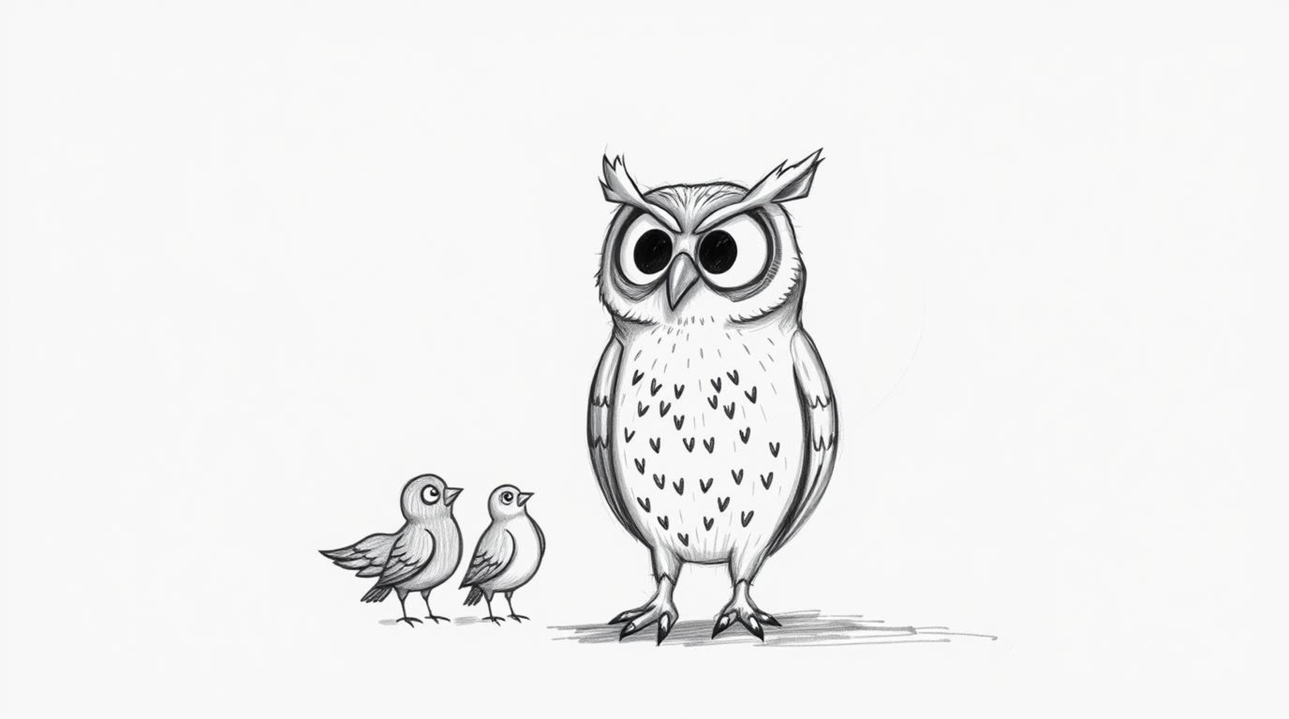 A charming hand-drawn illustration in the style of Pixar animation depicts a blind owl patiently teaching a class of birds to