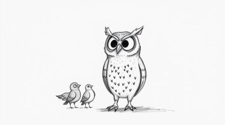 A charming hand-drawn illustration in the style of Pixar animation depicts a blind owl patiently teaching a class of birds to