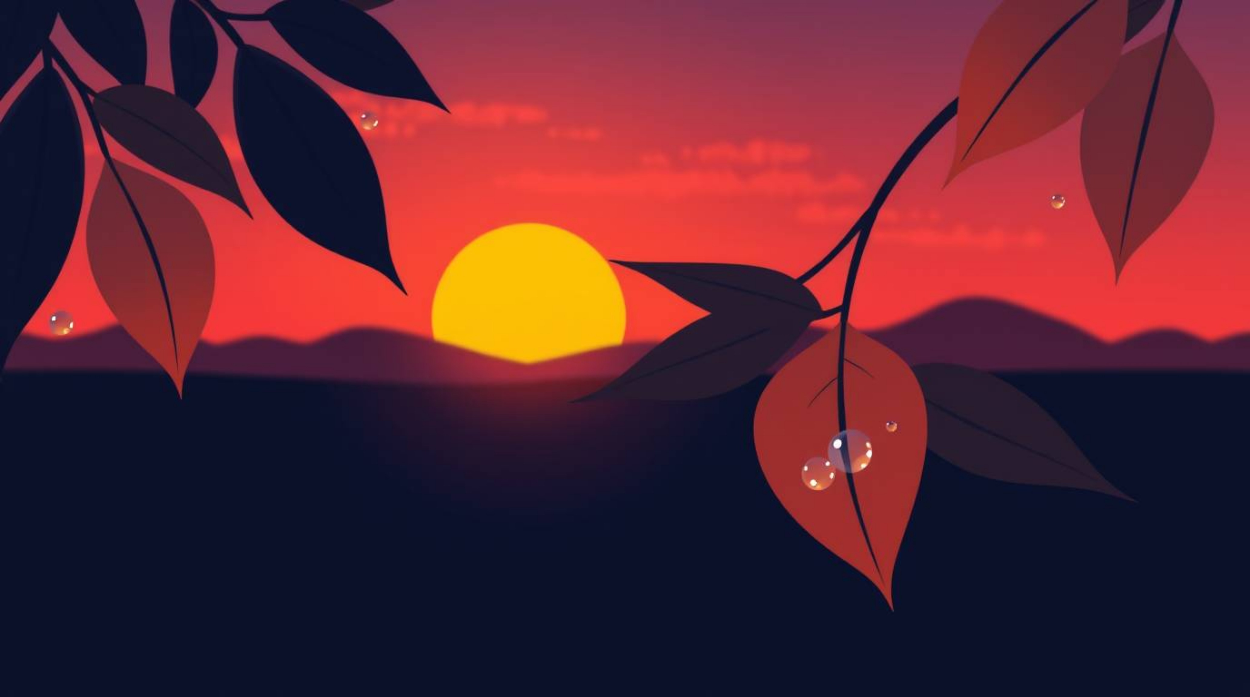 Explore a modern flat design featuring a captivating sunset reflected in raindrops on leaves. This artwork uses simple two-di