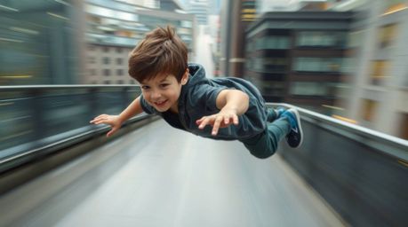A young boy soars above the iconic cityscape of London, propelled by shimmering pixie dust.  Dynamic motion blur and iridesce