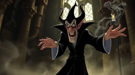 A captivating animation depicting a classic Disney villain with exaggerated features casting a spell within a medieval castle