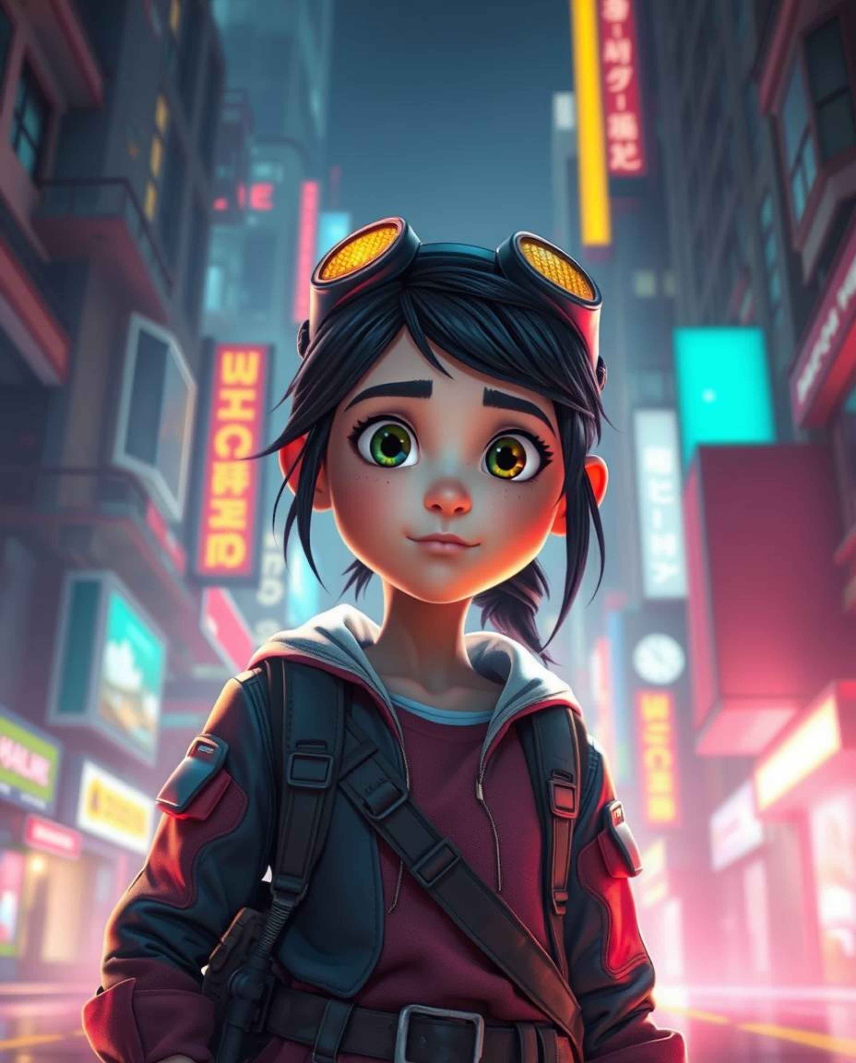 A captivating image of a young inventor girl, rendered in a vibrant Pixar-like style, exploring a futuristic city bathed in s