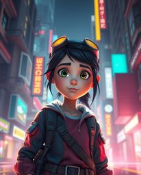 A captivating image of a young inventor girl, rendered in a vibrant Pixar-like style, exploring a futuristic city bathed in s