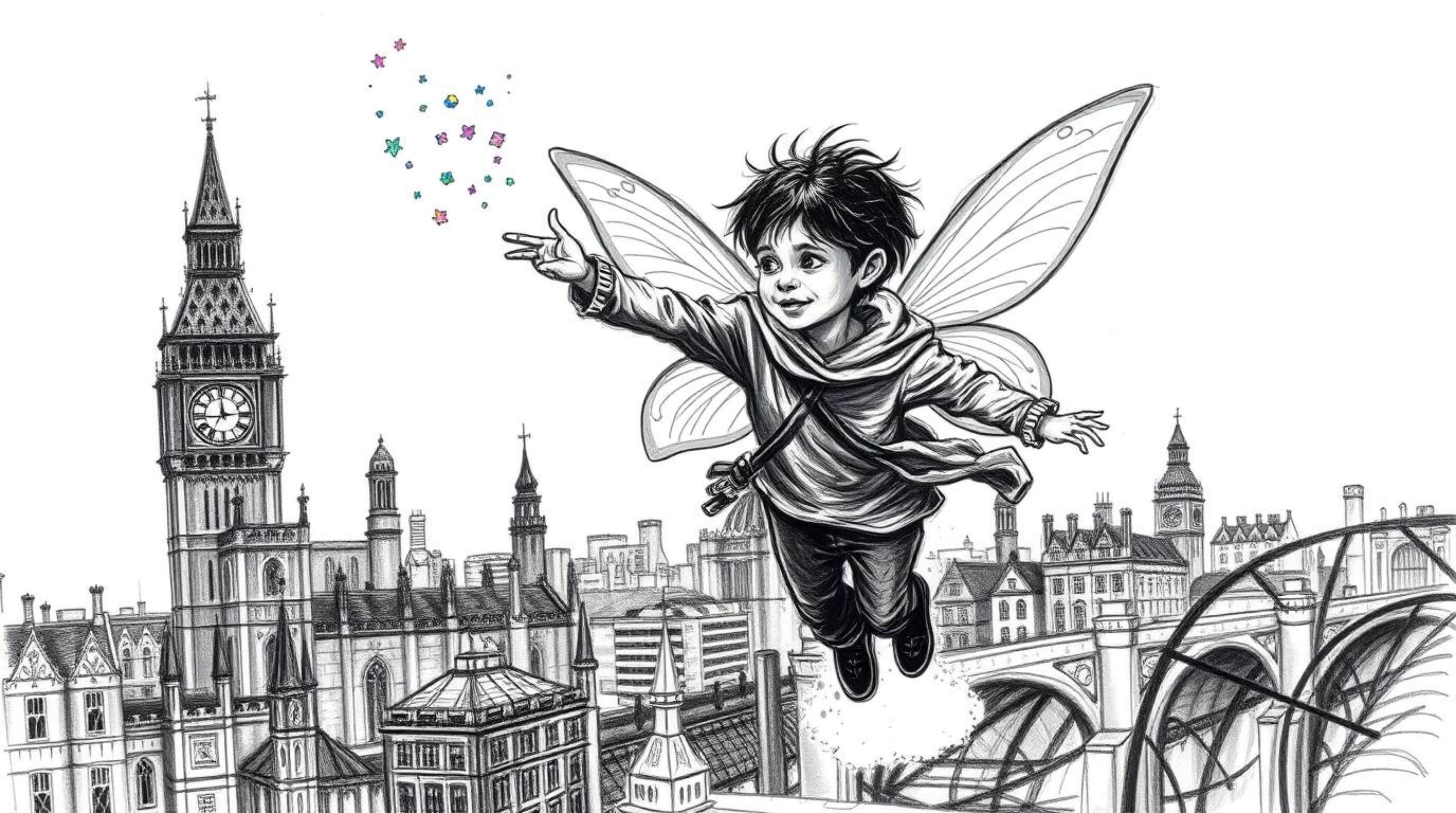 A captivating hand-drawn sketch depicts a young boy soaring above London with the aid of iridescent pixie dust. The artwork e
