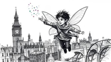 A captivating hand-drawn sketch depicts a young boy soaring above London with the aid of iridescent pixie dust. The artwork e