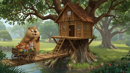 A high-resolution stock photo captures a busy beaver with warm, golden fur constructing the perfect treehouse in a lush, vibr