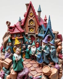 This sculptural clay art depicts a magical school teeming with young wizards, rendered in electric, vivid colors. The piece f