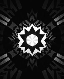 This black and white image showcases a captivating geometric optical illusion pattern with a retro aesthetic. The design is e
