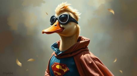 A classic oil painting depicts a duck in a hilariously zany superhero costume, bathed in a soft, dreamy atmosphere. The artwo