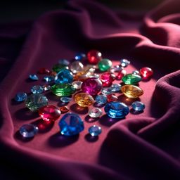 A stunning visual featuring a lavish arrangement of rubies, emeralds, sapphires, and diamonds scattered across a dark purple 
