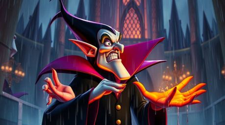 Immerse yourself in a dreamlike, surreal scene featuring a classic Disney villain with sharp, angular features and vibrant, e