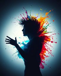 A captivating image showcasing a human silhouette crafted from vibrant, colorful splashes.  This modern art piece, viewed fro