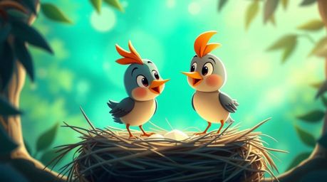 Delightful animation featuring two cartoon birds meticulously constructing their nest.  Rendered in a classic animation style