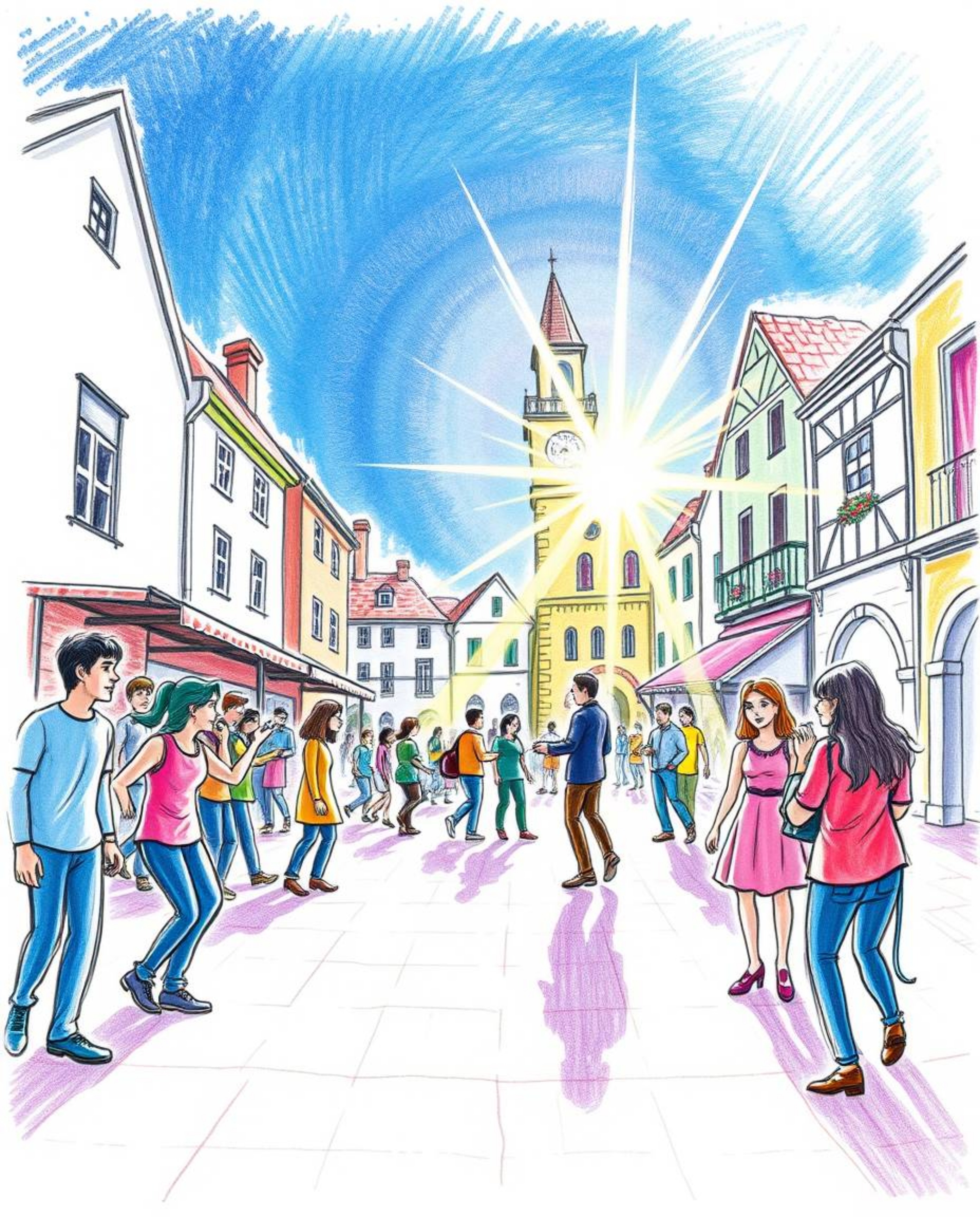 This vibrant hand-drawn sketch captures a musical number unfolding in a bright town square.  The artwork utilizes cool colors