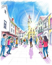 This vibrant hand-drawn sketch captures a musical number unfolding in a bright town square.  The artwork utilizes cool colors