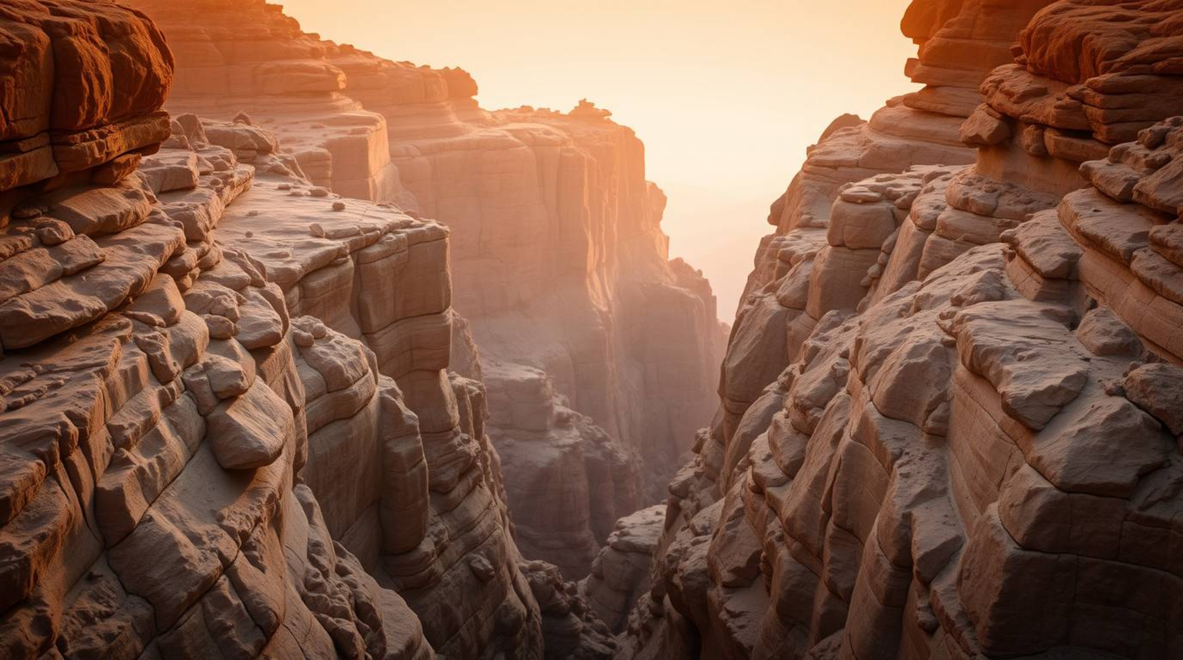Experience the breathtaking beauty of a rocky canyon bathed in warm sunset hues. This image evokes a soft, cinematic haze wit