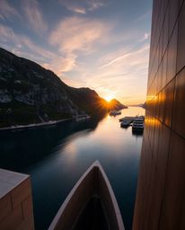 A precise architectural color photograph shot from a high angle, depicting a glassy fjord reflecting a sunset. This image fea