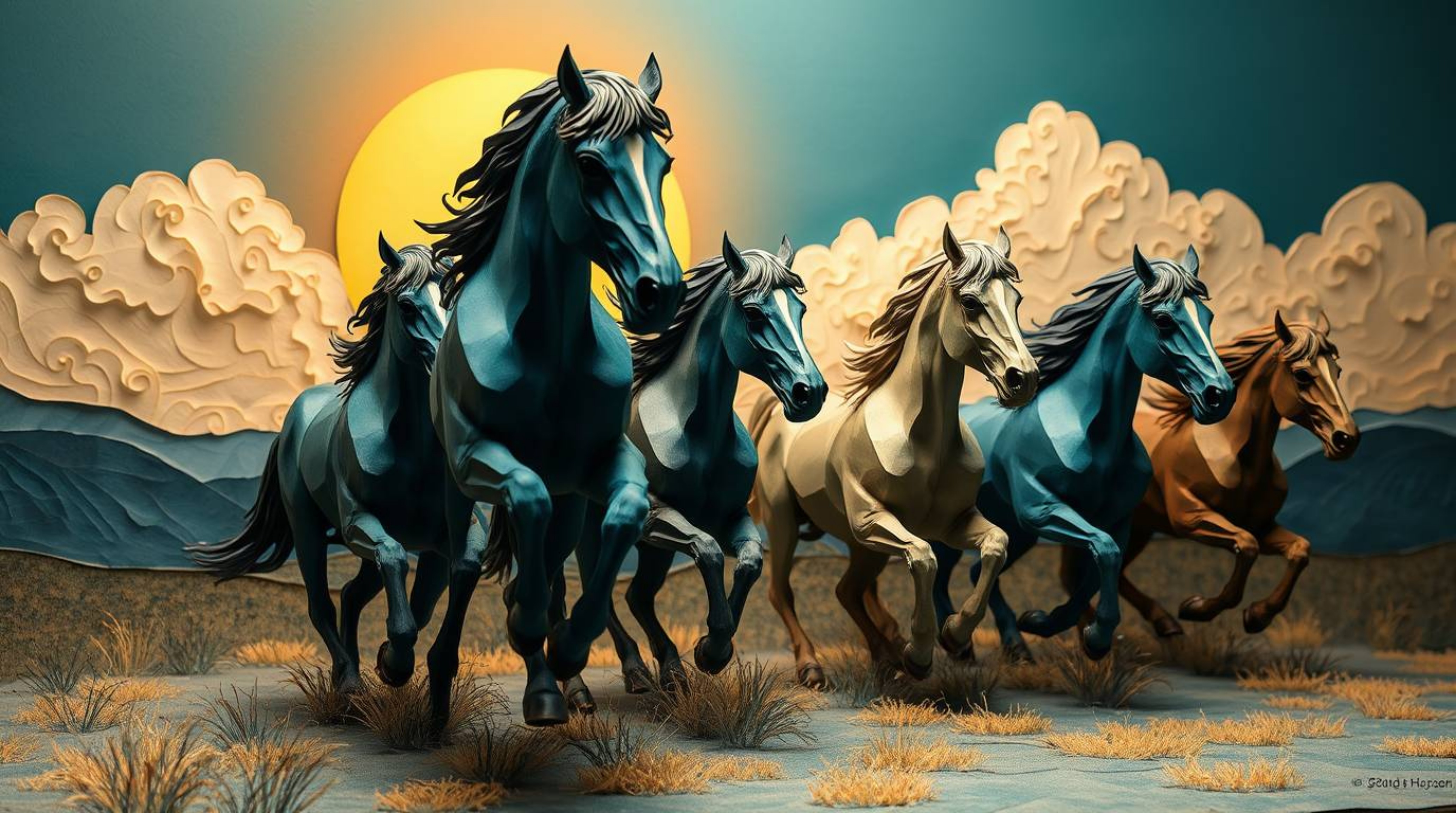 A layered papier-mâché sculpture depicting a dynamic herd of wild horses running beneath a glowing sky. The artwork is render
