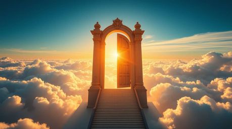 A stunning architectural color photograph capturing a distinctly split, heavenly gate suspended above the clouds.  Stairs asc